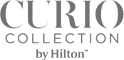 The image shows the logo for "Curio Collection by Hilton," featuring stylized text in a serif font.