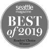 A gray badge from Seattle Magazine saying "Best of 2019, Readers' Choice Winner."