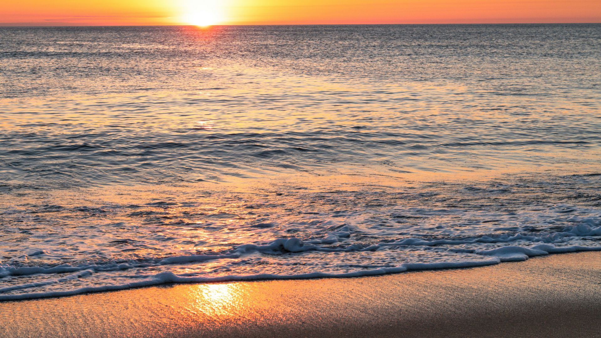 A serene beach scene with gentle waves lapping at the shore under a vibrant, orange sunrise on the horizon.