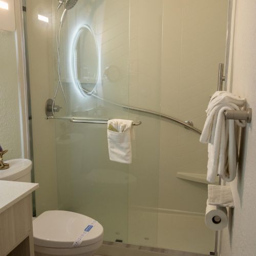 A modern bathroom with a glass shower enclosure, toilet, and towels on racks against a light-colored wall and floor.