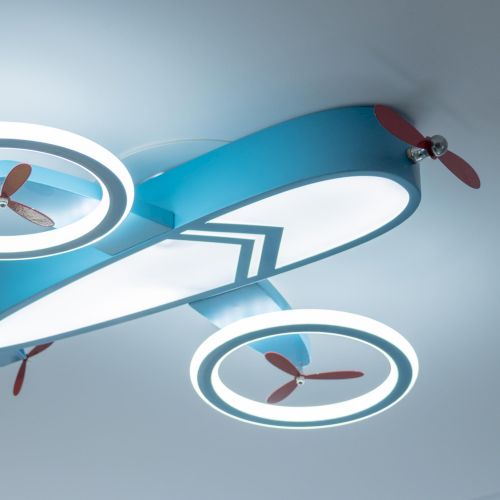 A ceiling light fixture shaped like a drone or airplane with propellers and circular light rings, in a modern design.