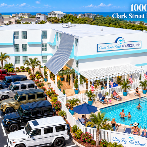 A sunny beachfront hotel (Ocean Sands Beach Boutique Inn) with a pool, parked SUVs, and signs like &ldquo;1000 Feet to Clark Street Public Beach Access.&rdquo;