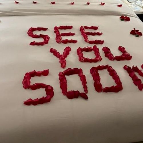 The image shows a bed with rose petals arranged to spell "SEE YOU SOON," surrounded by more scattered petals.