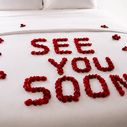 Red rose petals arranged on a bed form the word LOVE, with a few flowers around the letters.