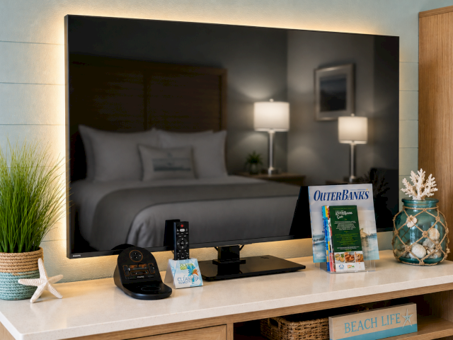 A flat-screen TV on a shelf shows a bedroom scene, surrounded by decor like a plant, starfish, books, and lamps.