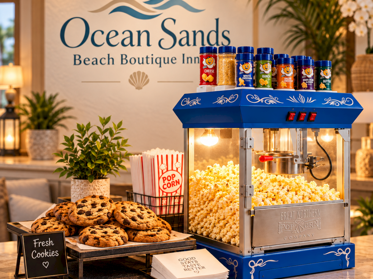 Complimentary evening social hour treats at Ocean Sands Beach Boutique Inn: fresh cookies, a popcorn machine with seasoning choices, and more