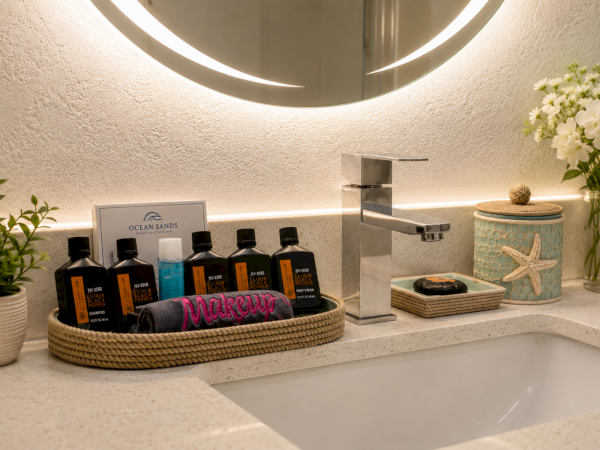 Modern hotel bathroom sink with soap/shampoo bottles, a folded towel, a starfish jar, and a glowing circular mirror.