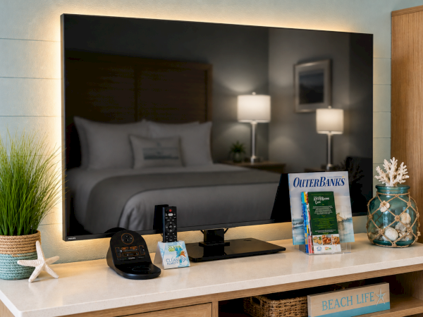 A flat-screen TV mounted on a wall shows a bedroom scene, with a remote, magazine, plant, and decorative jar on the console.